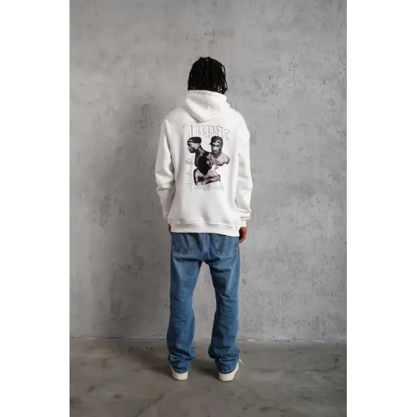 Erkek Kol ve Etek Ribana Baskılı Kapüşonlu Sweat - Beyaz