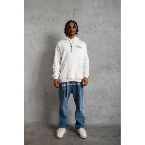 Erkek Kol ve Etek Ribana Baskılı Kapüşonlu Sweat - Beyaz