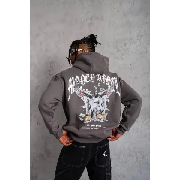 Erkek Kordon İpli Baskılı Kapüşonlu Sweatshirt - Füme