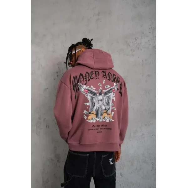 Erkek Kordon İpli Baskılı Kapüşonlu Sweatshirt - Gül Kurusu