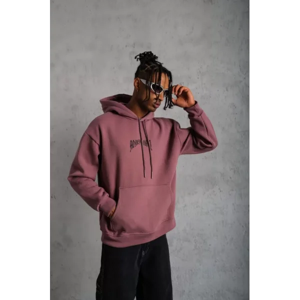 Erkek Kordon İpli Baskılı Kapüşonlu Sweatshirt - Gül Kurusu