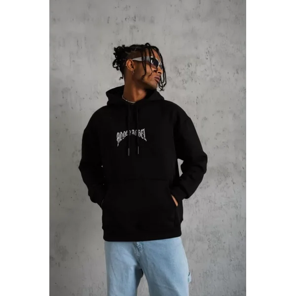 Erkek Kordon İpli Baskılı Kapüşonlu Sweatshirt - Siyah