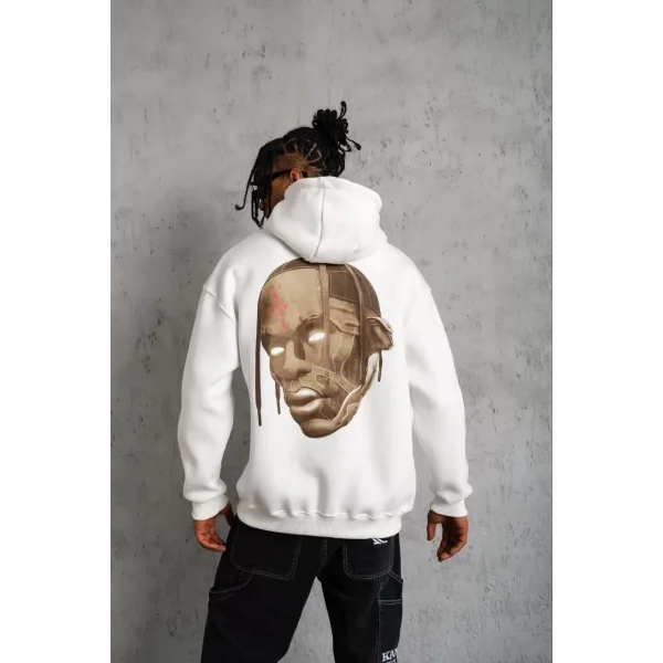 Erkek Kordonlu Arka Maske Kordon Saçlı Kapüşonlu - Beyaz