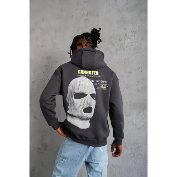 Erkek Kordonlu Maske Baskılı Kapşonlu Sweat - Gri