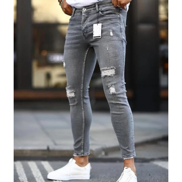 Erkek Koyu Gri Yırtık Detaylı Skinny Jean