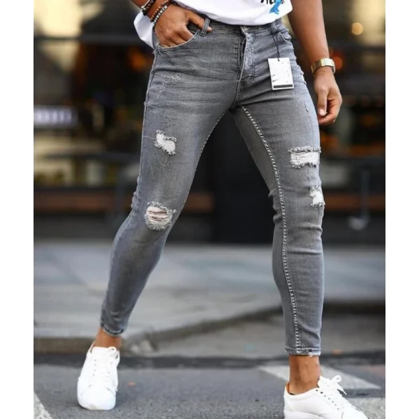 Erkek Koyu Gri Yırtık Detaylı Skinny Jean