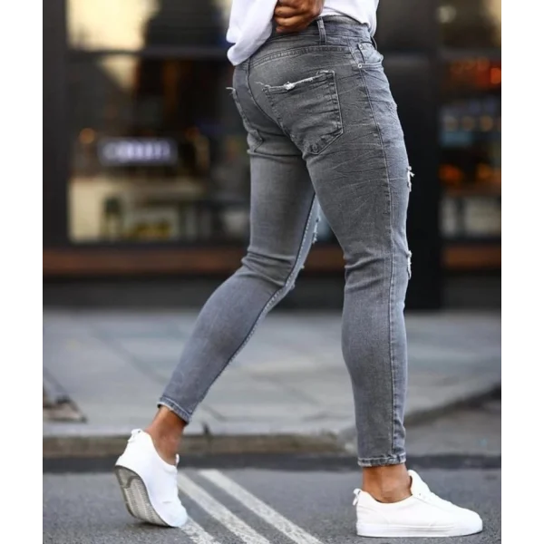 Erkek Koyu Gri Yırtık Detaylı Skinny Jean