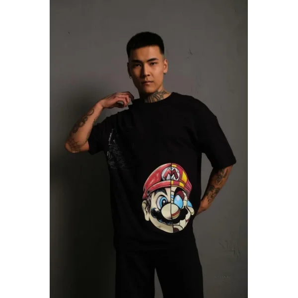 Erkek Mario Baskılı Oversize T-Shirt - Siyah