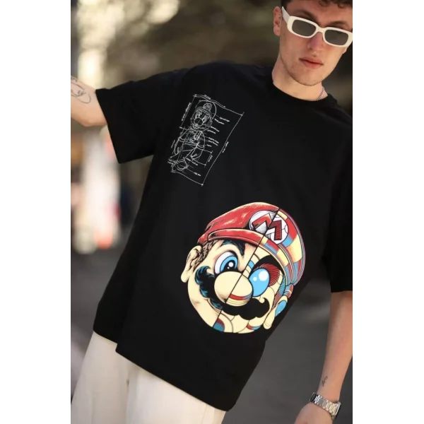 Erkek Mario Baskılı Oversize T-Shirt - Siyah