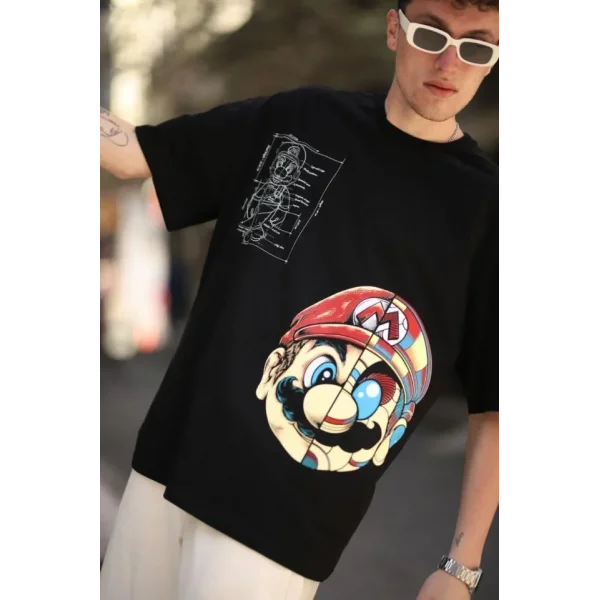 Erkek Mario Baskılı Oversize T-Shirt - Siyah