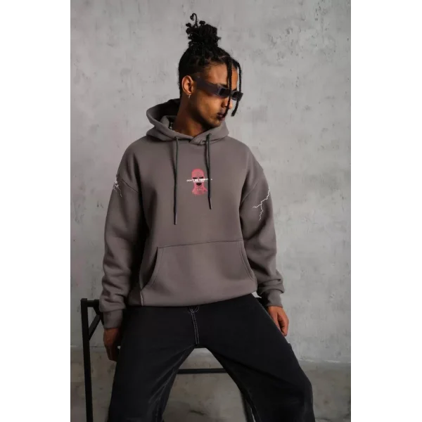Erkek Maske Baskılı Kapüşonlu Sweat - Gri