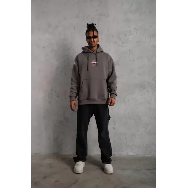 Erkek Maske Baskılı Kapüşonlu Sweat - Gri