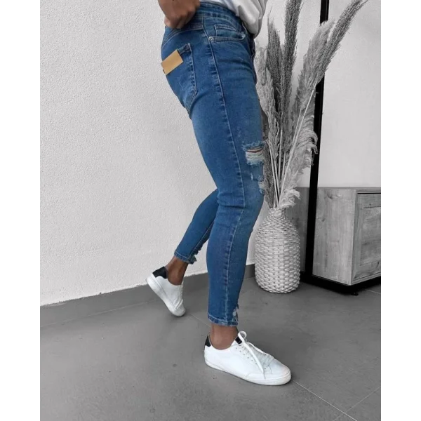 Erkek Mavi Yıkama Detaylı Skinny Jean