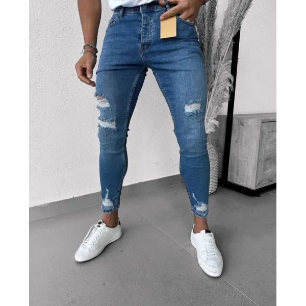 Erkek Mavi Yıkama Detaylı Skinny Jean