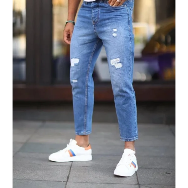 Erkek Mavi Yırtık Detaylı Boyfriend Jean