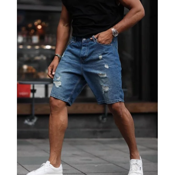 Erkek Mavi Yırtık Detaylı Şort