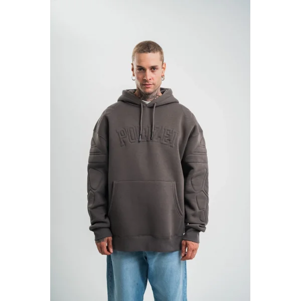 Erkek Nakış İşlemeli Kapşonlu Antrasit Sweatshirt Üç İplik Double Oversize- Füme