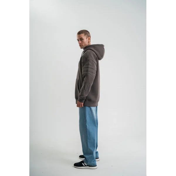 Erkek Nakış İşlemeli Kapşonlu Antrasit Sweatshirt Üç İplik Double Oversize- Füme