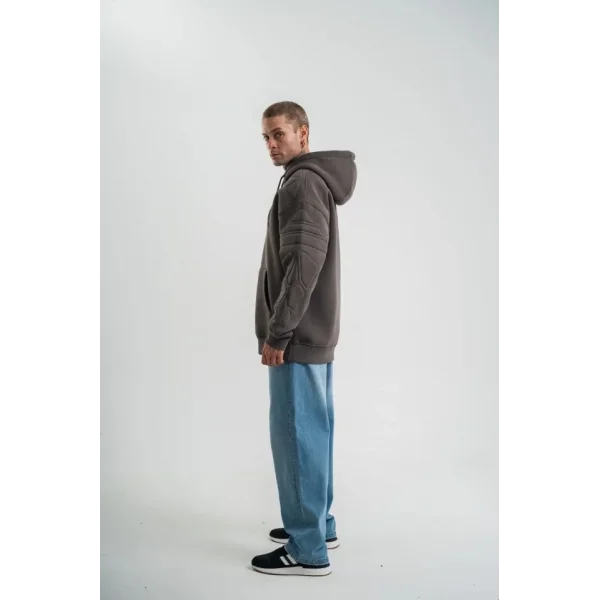 Erkek Nakış İşlemeli Kapşonlu Antrasit Sweatshirt Üç İplik Double Oversize- Füme