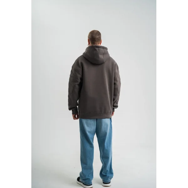 Erkek Nakış İşlemeli Kapşonlu Antrasit Sweatshirt Üç İplik Double Oversize- Füme