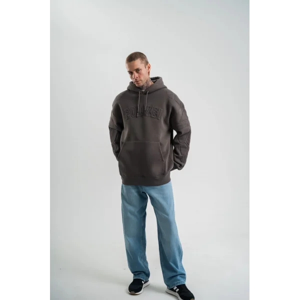 Erkek Nakış İşlemeli Kapşonlu Antrasit Sweatshirt Üç İplik Double Oversize- Füme