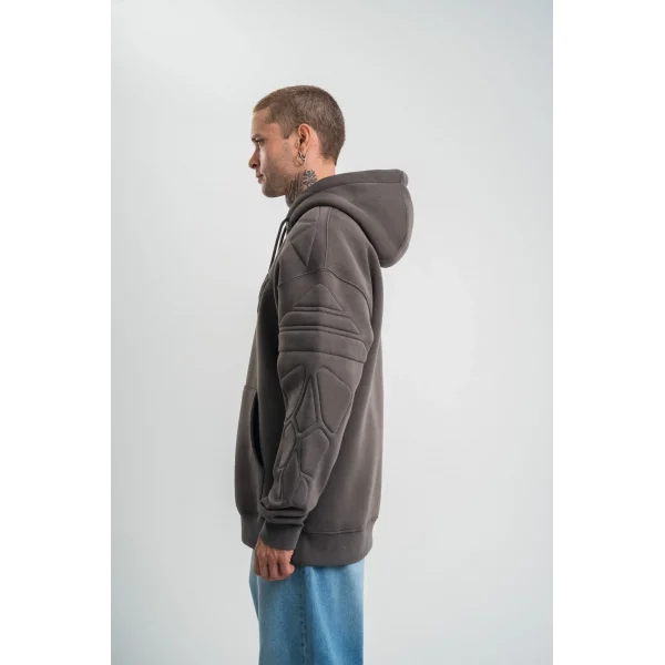 Erkek Nakış İşlemeli Kapşonlu Antrasit Sweatshirt Üç İplik Double Oversize- Füme