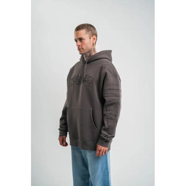 Erkek Nakış İşlemeli Kapşonlu Antrasit Sweatshirt Üç İplik Double Oversize- Füme