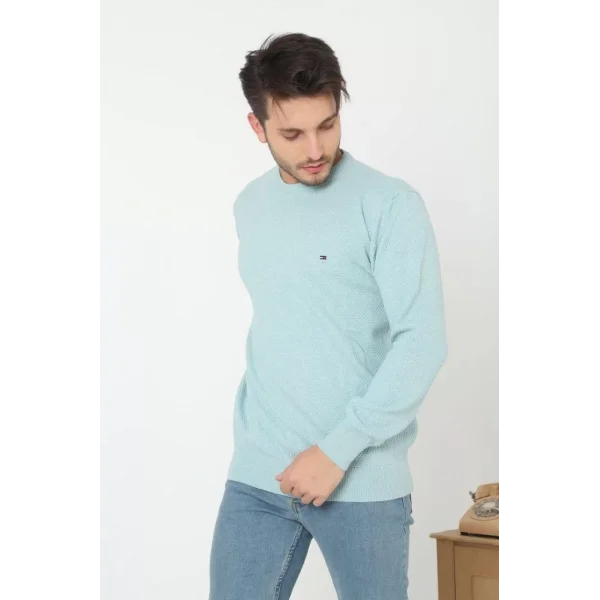 Erkek Nakış İşlemeli Peteli Triko Kazak - Mavi