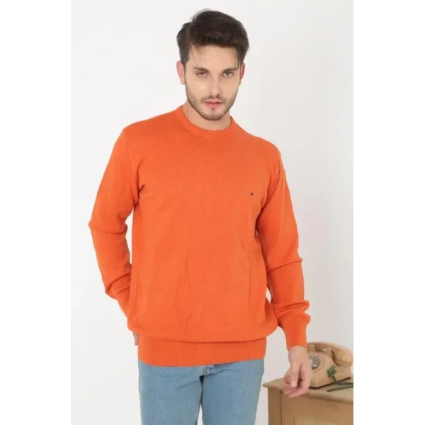 Erkek Nakış İşlemeli Peteli Triko Kazak - Turuncu