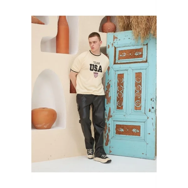 Erkek Nakış İşlemeli Ribanalı Oversize T-shirt - Bej