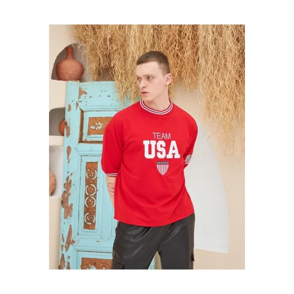 Erkek Nakış İşlemeli Ribanalı Oversize T-shirt - Kırmızı