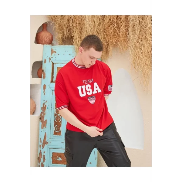 Erkek Nakış İşlemeli Ribanalı Oversize T-shirt - Kırmızı