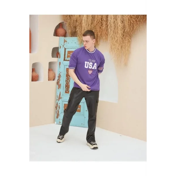 Erkek Nakış İşlemeli Ribanalı Oversize T-shirt - Mor