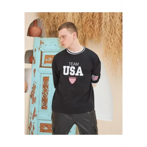 Erkek Nakış İşlemeli Ribanalı Oversize T-shirt - Siyah