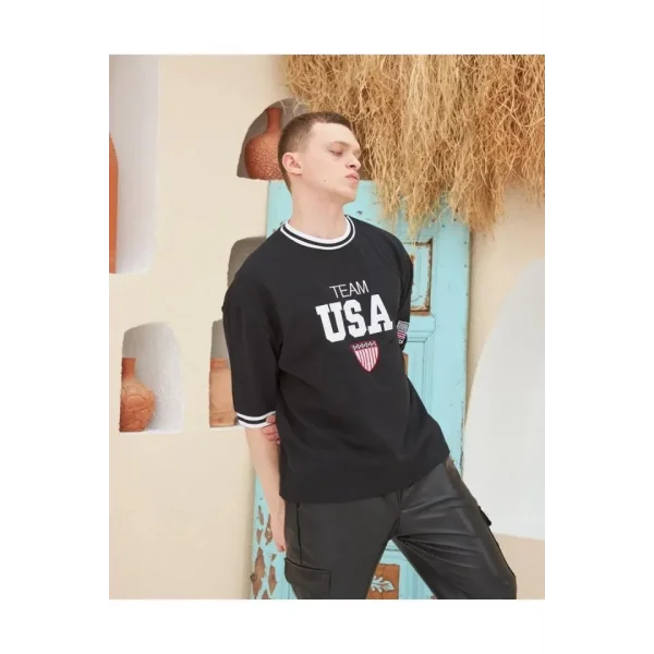 Erkek Nakış İşlemeli Ribanalı Oversize T-shirt - Siyah