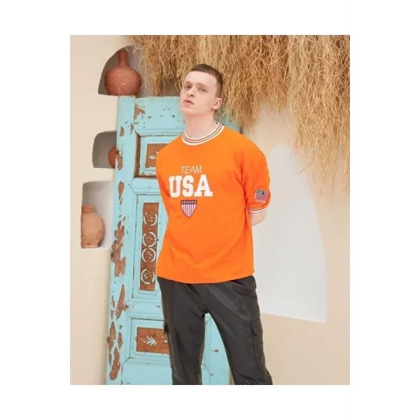 Erkek Nakış İşlemeli Ribanalı Oversize T-shirt - Turuncu