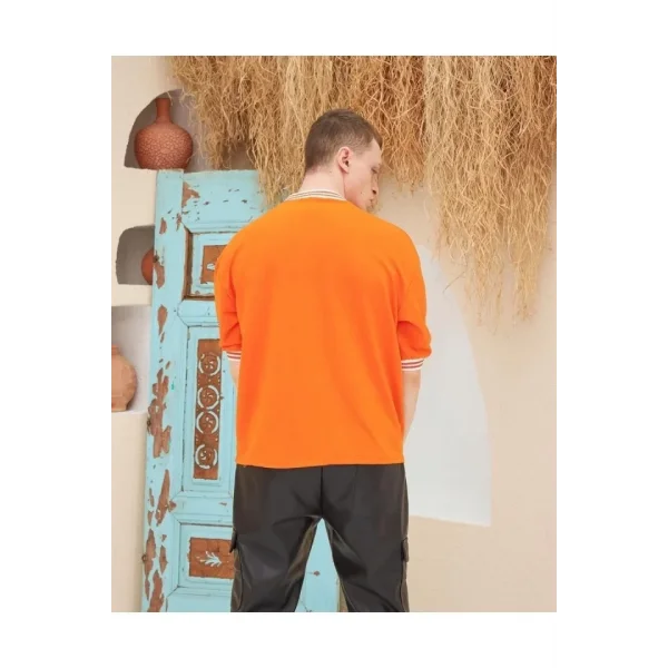 Erkek Nakış İşlemeli Ribanalı Oversize T-shirt - Turuncu