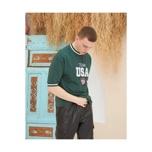 Erkek Nakış İşlemeli Ribanalı Oversize T-shirt - Yeşil