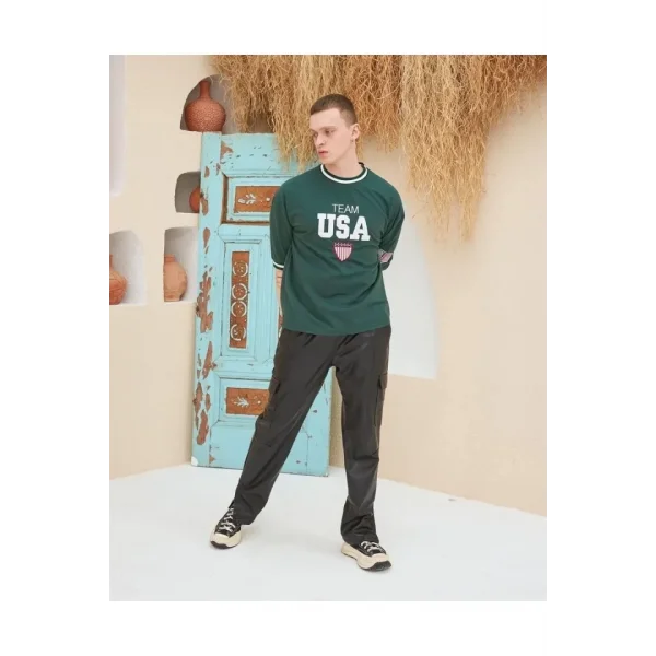 Erkek Nakış İşlemeli Ribanalı Oversize T-shirt - Yeşil