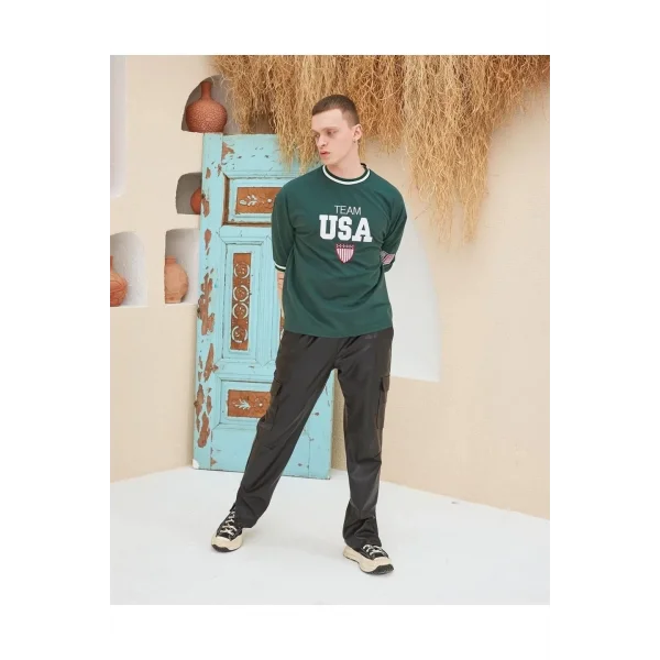 Erkek Nakış İşlemeli Ribanalı Oversize T-shirt - Yeşil