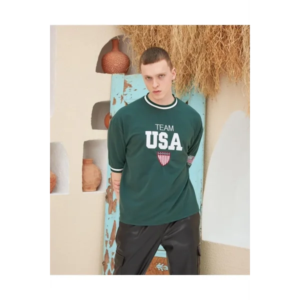 Erkek Nakış İşlemeli Ribanalı Oversize T-shirt - Yeşil