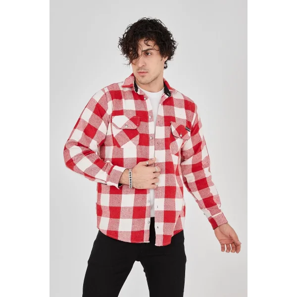 Erkek Oduncu Gömlek – Uzun Kollu, Şardonlu Kumaş, Kareli Desen, Regular Fit, Manşetli, Çift Cepli, Rahat Günlük Bahar & Kış Stil - Pembe