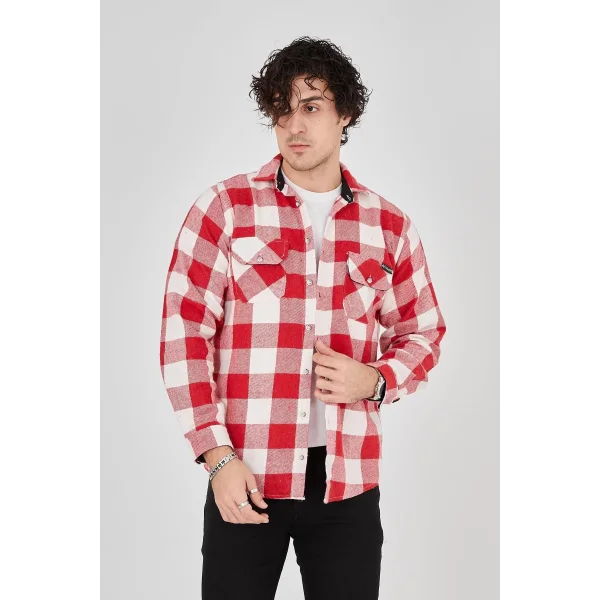 Erkek Oduncu Gömlek – Uzun Kollu, Şardonlu Kumaş, Kareli Desen, Regular Fit, Manşetli, Çift Cepli, Rahat Günlük Bahar & Kış Stil - Pembe