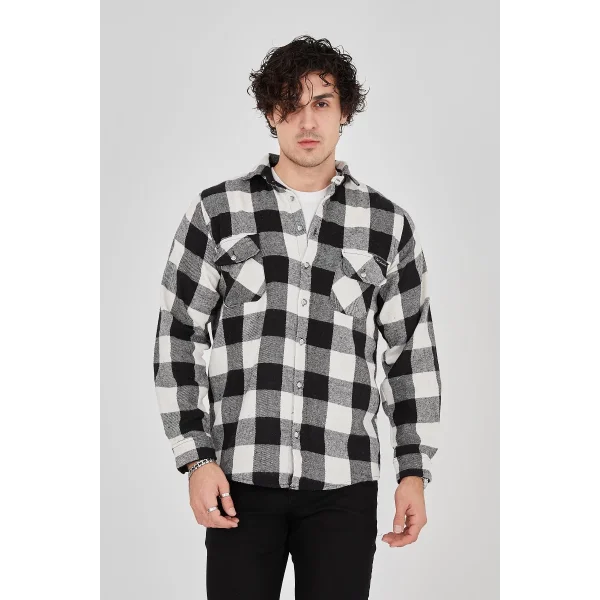 Erkek Oduncu Gömlek – Uzun Kollu, Şardonlu Kumaş, Kareli Desen, Regular Fit, Manşetli, Çift Cepli, Rahat Günlük Bahar & Kış Stil - Siyah