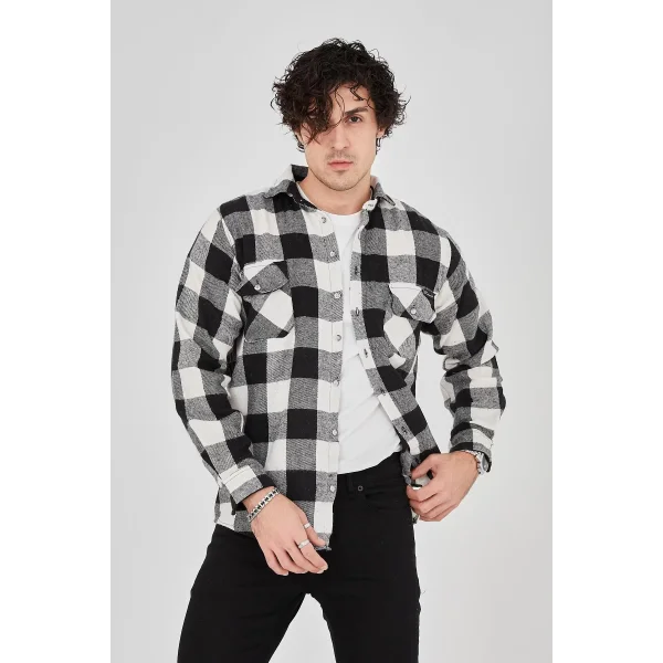 Erkek Oduncu Gömlek – Uzun Kollu, Şardonlu Kumaş, Kareli Desen, Regular Fit, Manşetli, Çift Cepli, Rahat Günlük Bahar & Kış Stil - Siyah