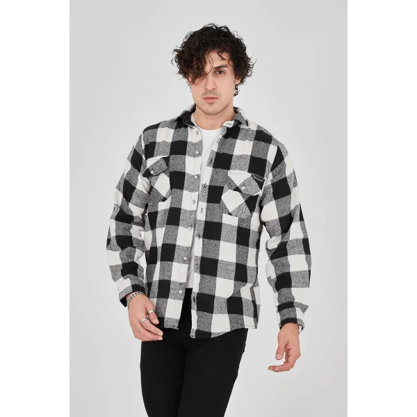 Erkek Oduncu Gömlek – Uzun Kollu, Şardonlu Kumaş, Kareli Desen, Regular Fit, Manşetli, Çift Cepli, Rahat Günlük Bahar & Kış Stil - Siyah