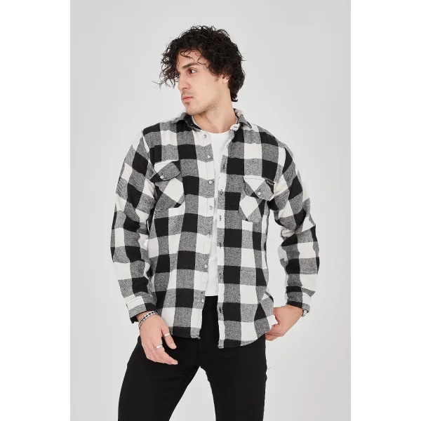 Erkek Oduncu Gömlek – Uzun Kollu, Şardonlu Kumaş, Kareli Desen, Regular Fit, Manşetli, Çift Cepli, Rahat Günlük Bahar & Kış Stil - Siyah