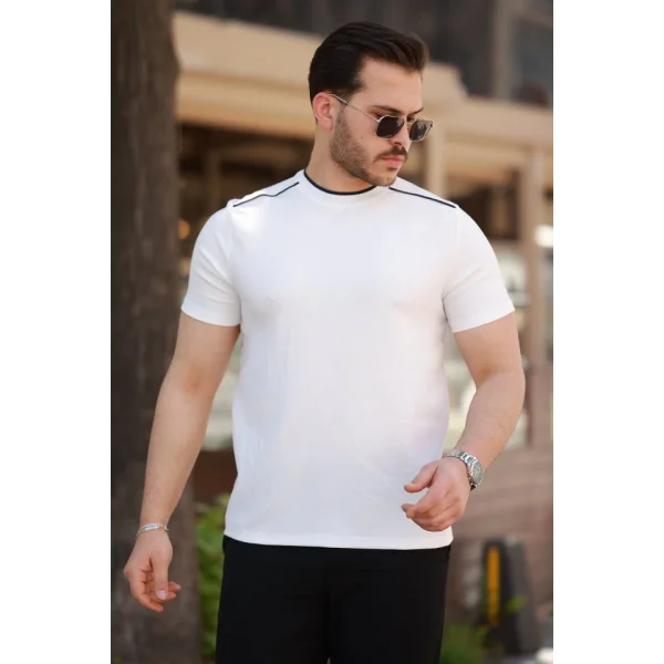 Erkek Omuzlar çizgi Detaylı Kısa Kollu T-shirt
