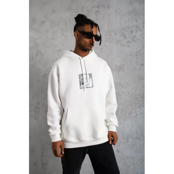 Erkek Ön Arka Baskılı Kapşonlu Sweat - Beyaz
