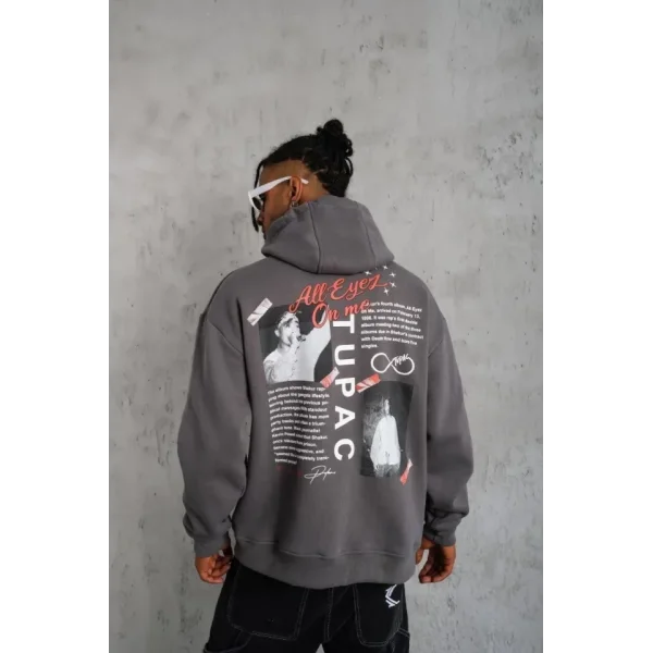 Erkek Ön Arka Baskılı Kapşonlu Sweat - Gri